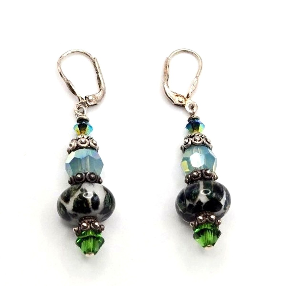 Silvertone Glass Beaded Earrings Art Glass AB Green Dangle‎ Drop with Leverback